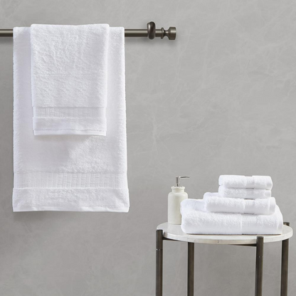 Start2Finish 100% Egyptian Cotton bath towel set with six plush, white towels displayed folded and stacked.