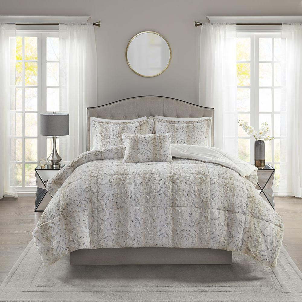 Start2Finish 4-piece faux fur comforter set with plush, soft bedding in neutral tones, perfect for cozy bedroom decor.