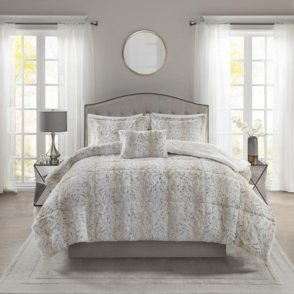 Start2Finish 4-piece faux fur comforter set with plush, soft bedding in neutral tones, perfect for cozy bedroom decor.