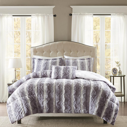 Start2Finish 4-piece faux fur comforter set with plush, soft bedding in neutral tones for cozy bedroom decor.