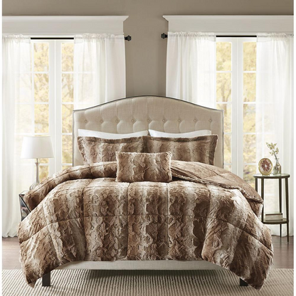 Start2Finish 4-piece faux fur comforter set with plush, soft bedding in neutral tones, featuring cozy faux fur fabric and decorative pillows.