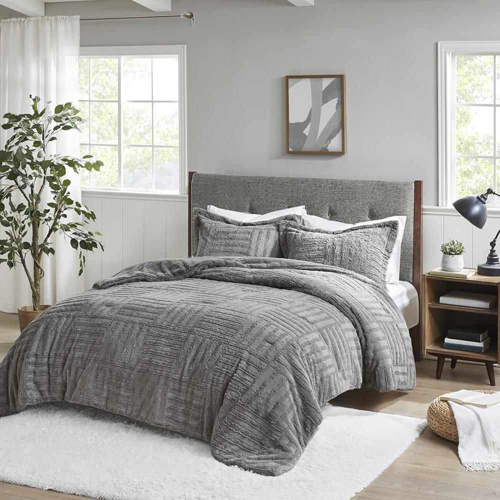 Start2Finish Arctic Fur down alternative comforter mini set in grey, showing the plush, cozy fabric and neatly arranged bedding.