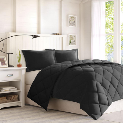 Start2Finish 3M Scotchgard Diamond Quilting reversible down alternative comforter set, showing plush bedding with diamond quilting pattern.