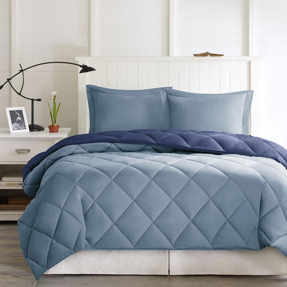 Start2Finish 3M Scotchgard diamond quilting reversible down alternative bedding comforter set with plush fabric and stylish patterns.