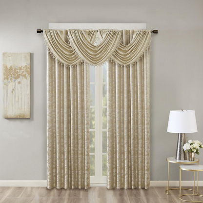 Start2Finish black jacquard lined blackout curtain panel with rod pocket and back tab design hanging on a window.