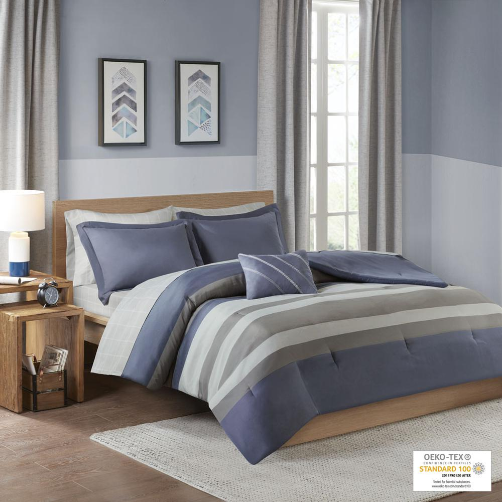 Start2Finish striped comforter set with matching bed sheets, featuring bold horizontal stripes and soft bedding fabric.