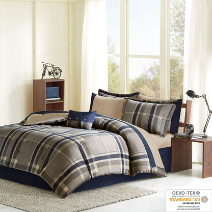 Start2Finish plaid comforter set with matching bed sheets, featuring a cozy, patterned bedding ensemble for a stylish bedroom look.