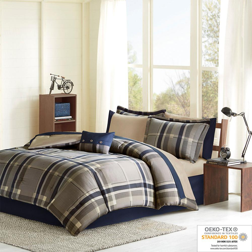 Start2Finish plaid comforter set with matching bed sheets, featuring a cozy, patterned bedding ensemble for a stylish bedroom.