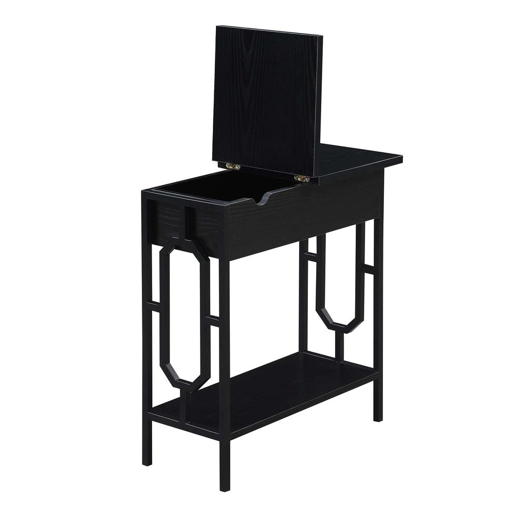 Start2Finish Omega flip top end table with built-in charging station, featuring a sleek design and convenient power outlets.