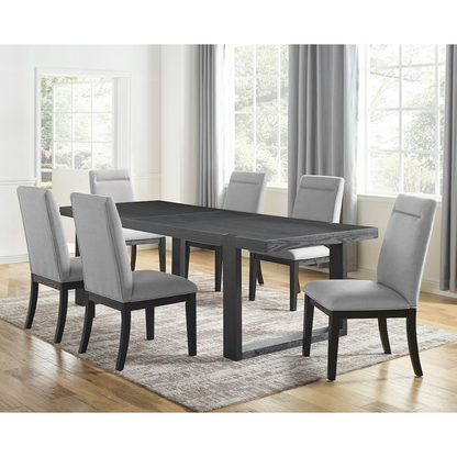 Yves black dining table with six grey chairs from Start2Finish, modern dining set with sleek black surface and fabric upholstered chairs.