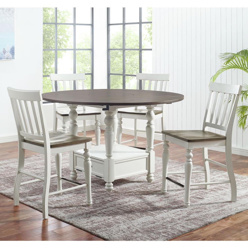 Start2Finish Joanna round counter height table with wooden top and metal legs, ideal for casual dining or bar seating.