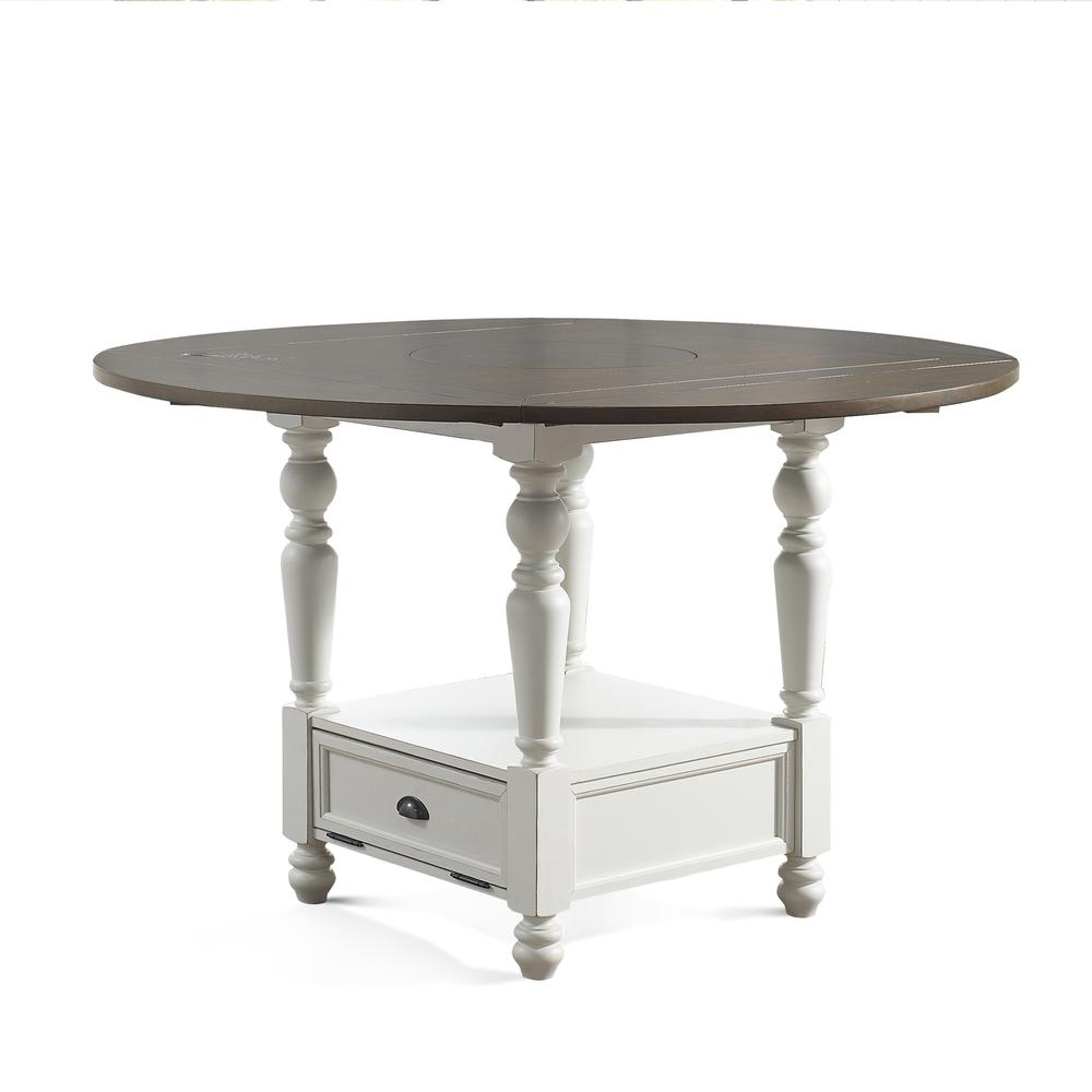 Joanna round counter height table by Start2Finish with a smooth wooden surface and sturdy metal legs.