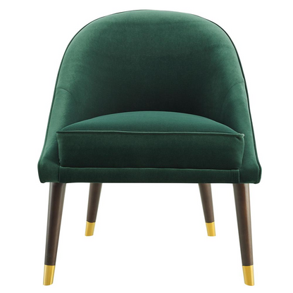 Start2Finish Avalon velvet accent chair in green with plush fabric and modern design, featuring a sleek wooden base.