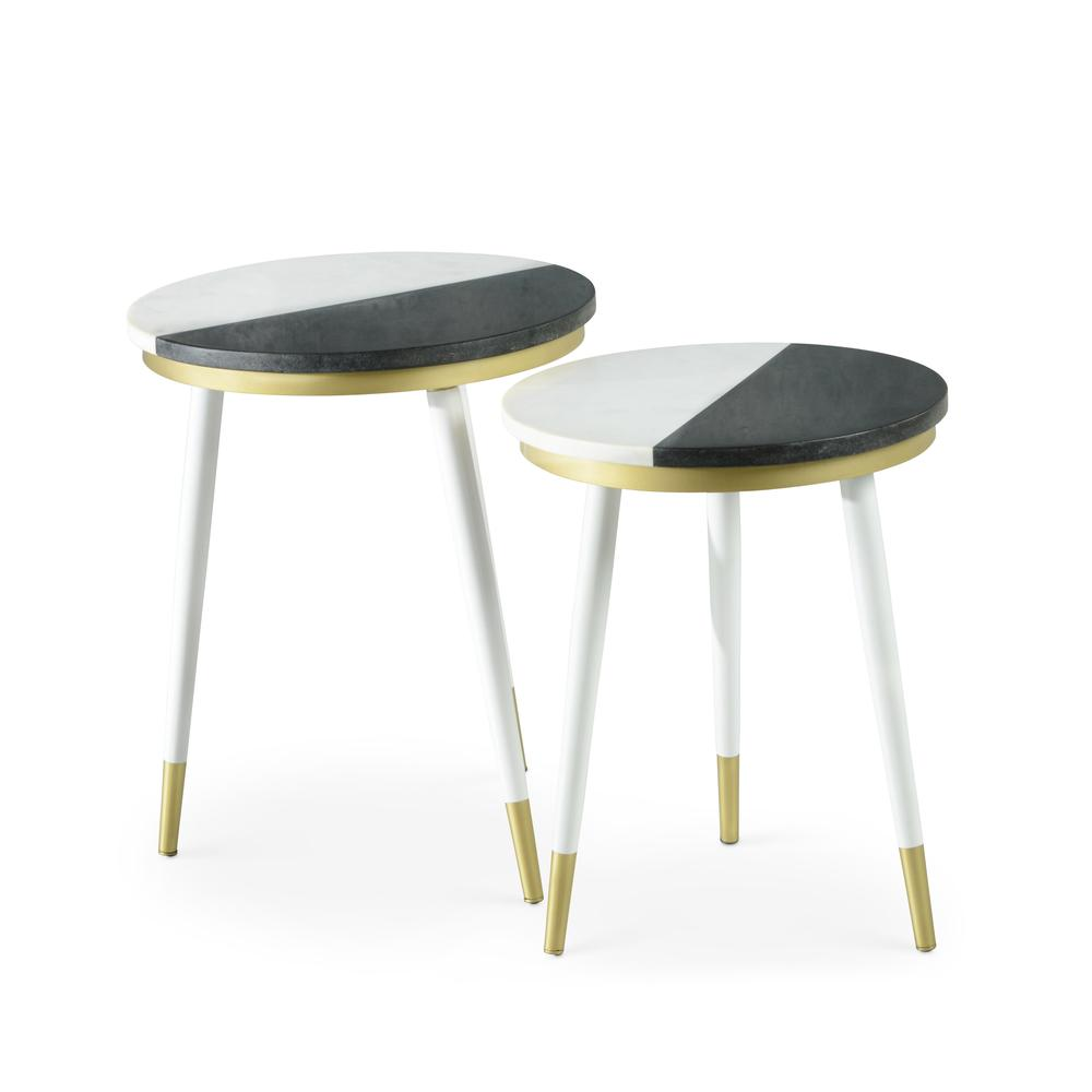 Start2Finish Taj 2-Pack marble top side tables with black metal frames, showcasing sleek round surfaces and modern furniture design.