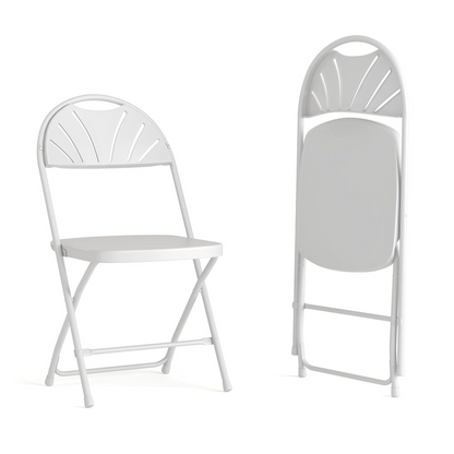 Two white plastic folding chairs with fan back design and sturdy metal legs, ideal for indoor and outdoor seating.