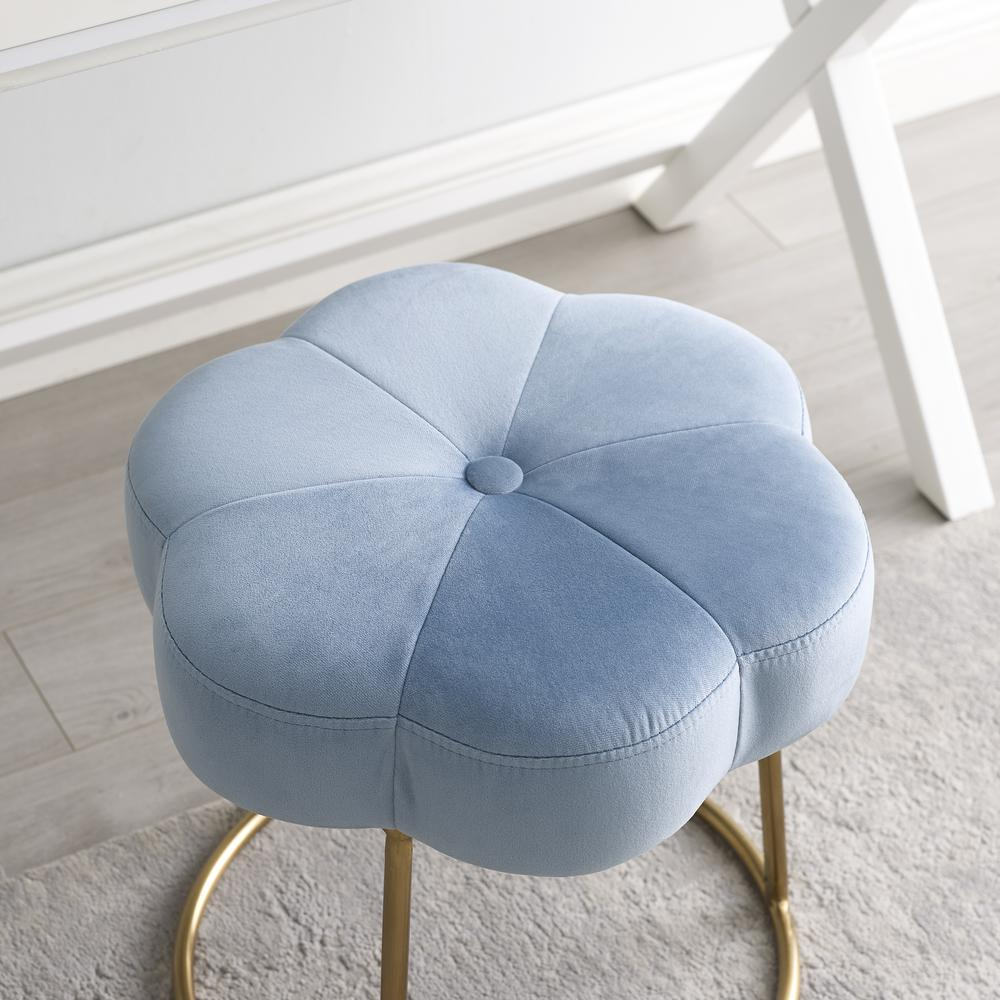 Blue Seraphina Accent Vanity Stool by Start2Finish featuring a cushioned seat and elegant wooden legs.