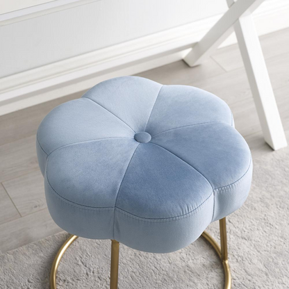 Blue Seraphina Accent Vanity Stool by Start2Finish featuring a cushioned seat and elegant wooden legs.