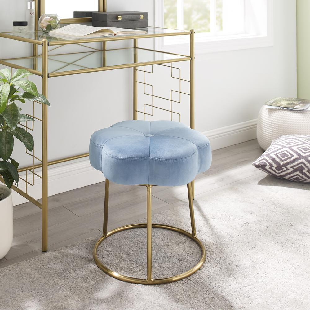 Blue Seraphina Accent Vanity Stool by Start2Finish featuring a cushioned seat and elegant wooden legs.