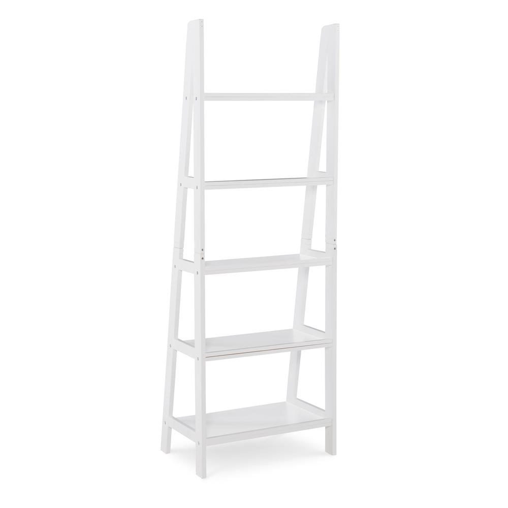 White Acadia Ladder Bookshelf by Start2Finish with multiple shelves and a modern design for stylish storage and display.