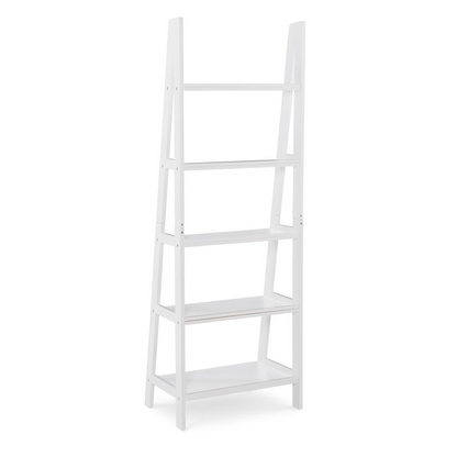 White Acadia Ladder Bookshelf by Start2Finish with multiple shelves and a modern design for stylish storage and display.