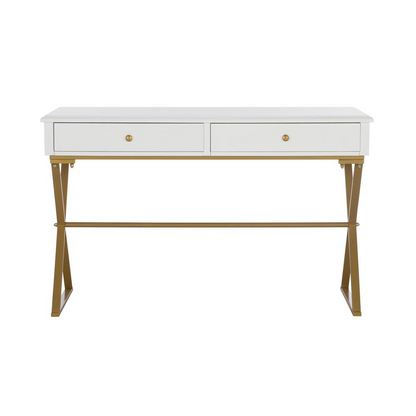 White Two-Drawer Campaign Desk from Start2Finish, showcasing sleek furniture with two functional drawers and a smooth surface.