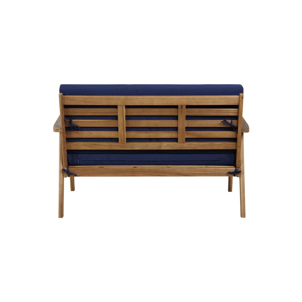 Start2Finish Cole outdoor chat set with four seats and blue cushions, featuring a stylish outdoor furniture arrangement.