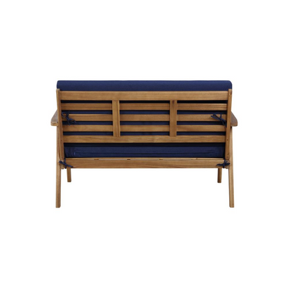 Start2Finish Cole outdoor chat set with four seats and blue cushions, featuring a stylish outdoor furniture arrangement.