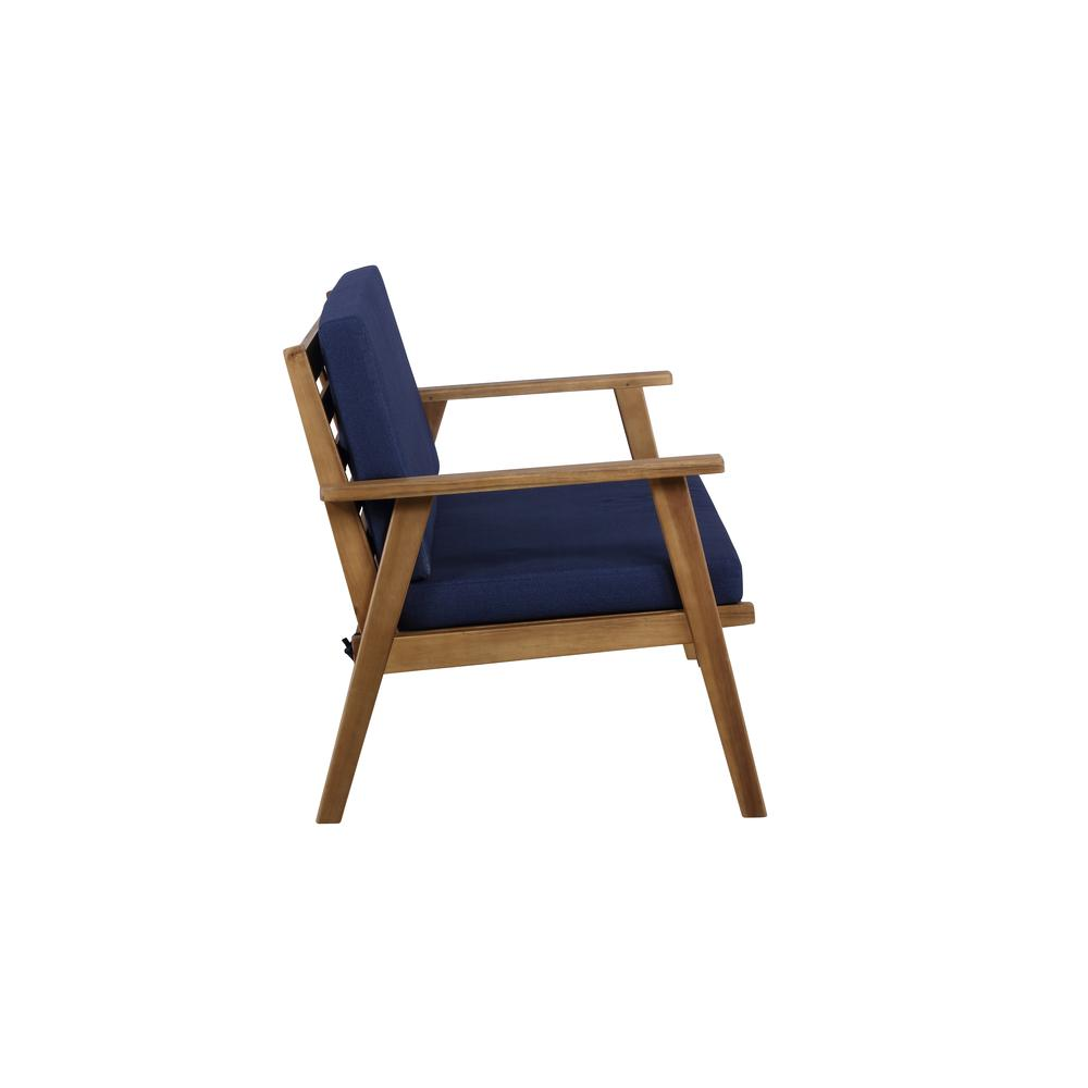 Start2Finish Cole outdoor chat 4-piece seating set with blue cushions, includes two armchairs, a loveseat, and a coffee table.