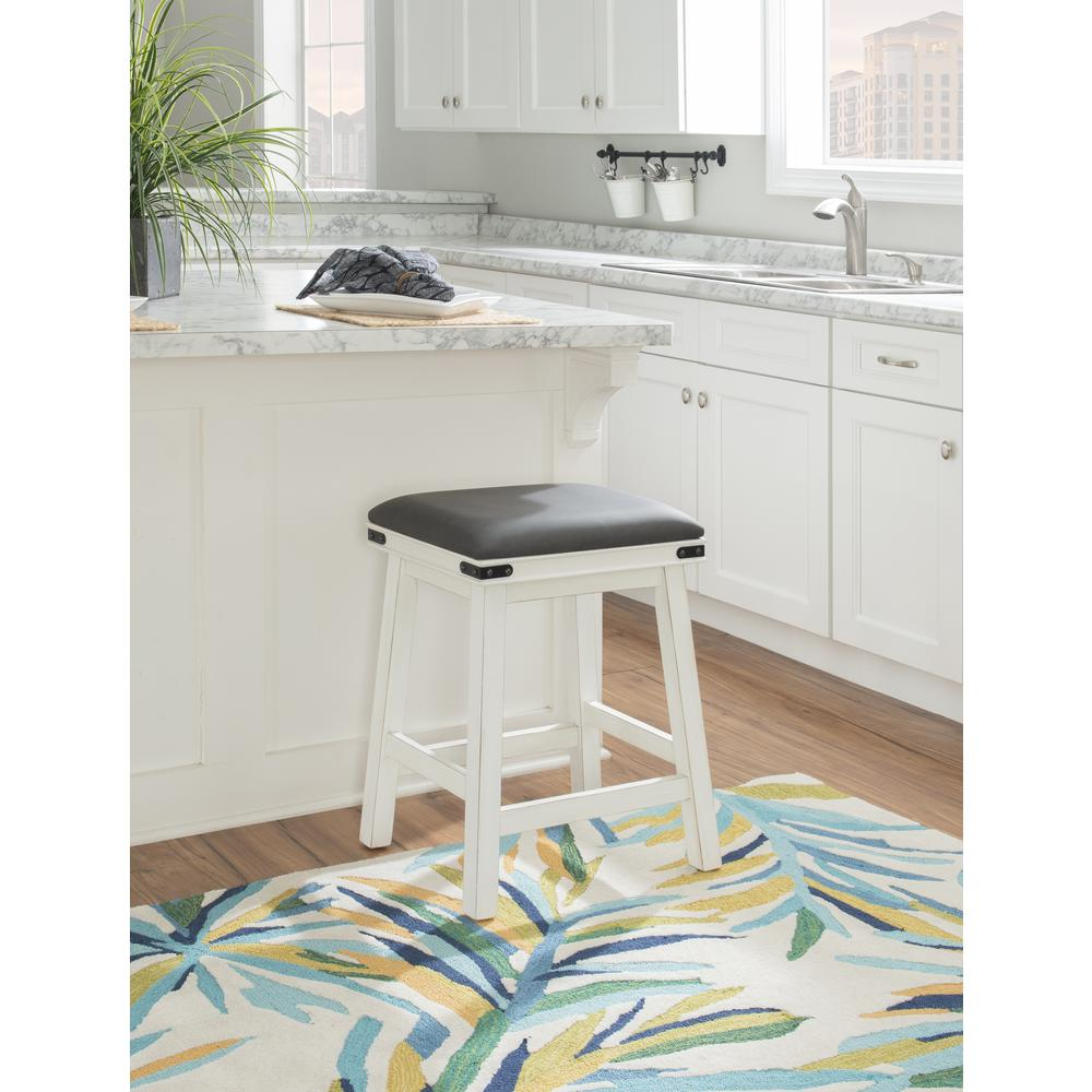 White Serrano counter stool by Start2Finish, showcasing a modern furniture piece with a sleek design and sturdy metal base.