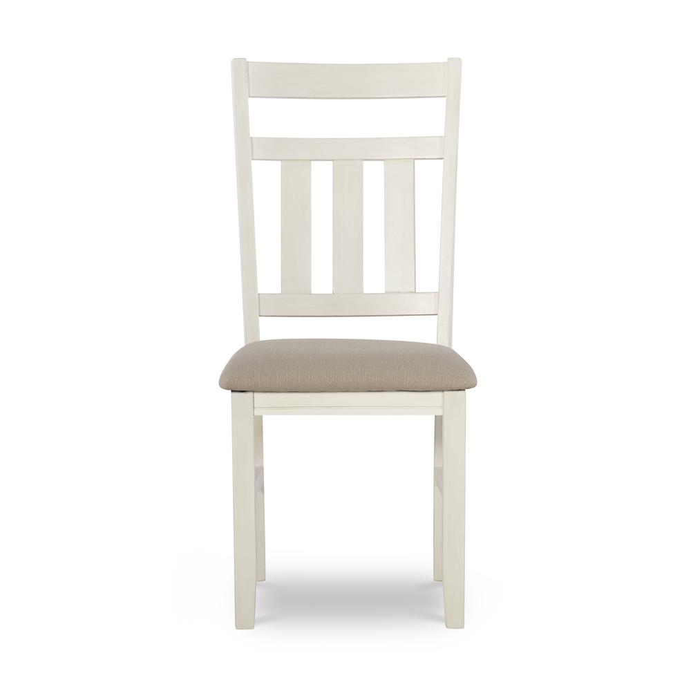 Distressed white side chair from Start2Finish with wooden legs and a cushioned seat, showcasing a rustic furniture style.