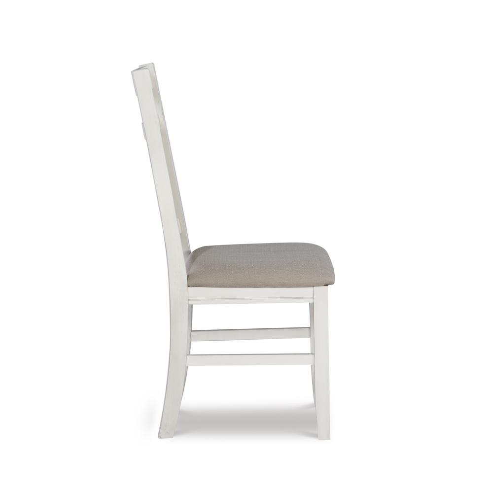 Distressed white side chair from Start2Finish, featuring a rustic wooden design and sturdy frame, ideal for dining or accent furniture.