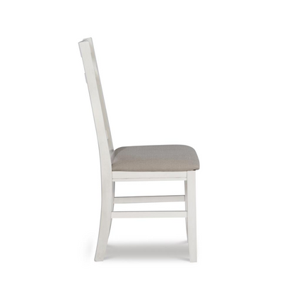 Distressed white side chair from Start2Finish, featuring a rustic wooden design and sturdy frame, ideal for dining or accent furniture.