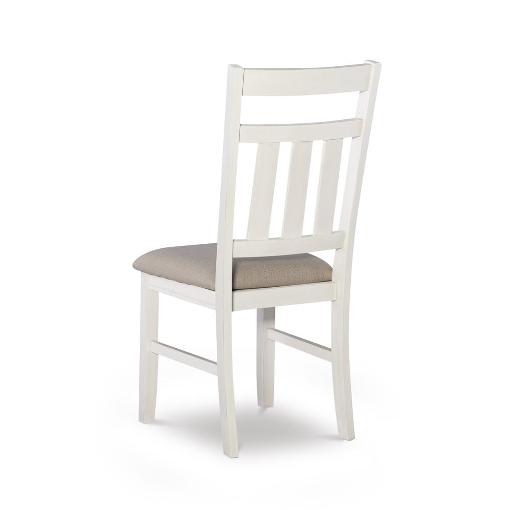 Distressed white Turino side chair by Start2Finish, featuring a sleek wooden frame and comfortable cushioned seat.