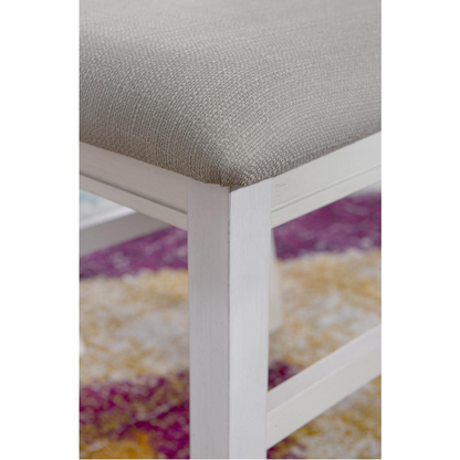 Distressed white Turino Side Chair by Start2Finish with wooden legs and a classic, rustic design for stylish dining or seating.