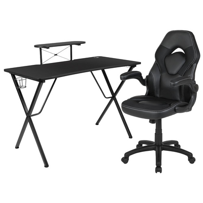 Black gaming desk and racing chair set by Start2Finish, featuring a sleek modern design and ergonomic gaming furniture.