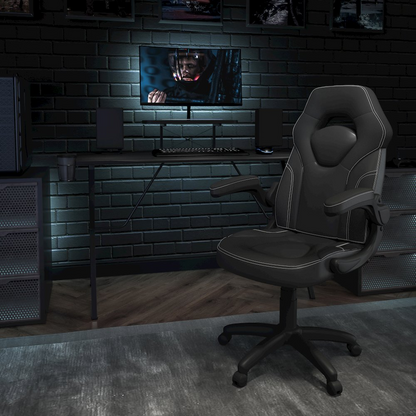 Start2Finish black gaming desk and racing chair set, featuring a sleek black furniture design for gaming and workspace comfort.