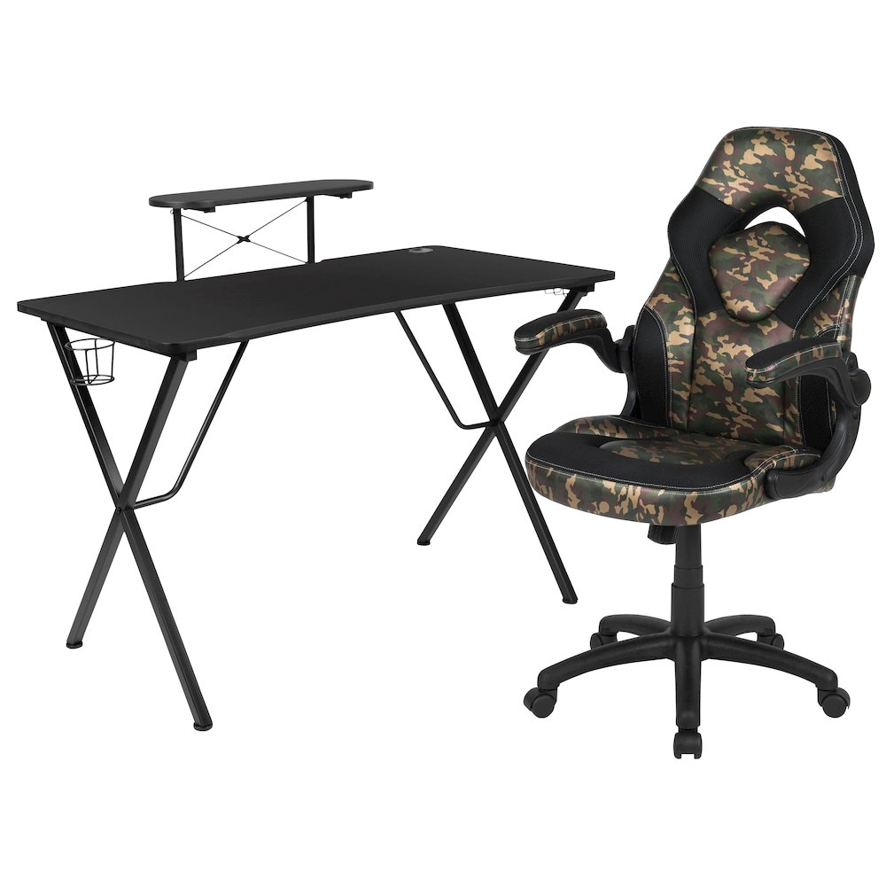 Black gaming desk and camouflage-black racing chair set by Start2Finish, featuring ergonomic design and sleek gaming-style appearance.