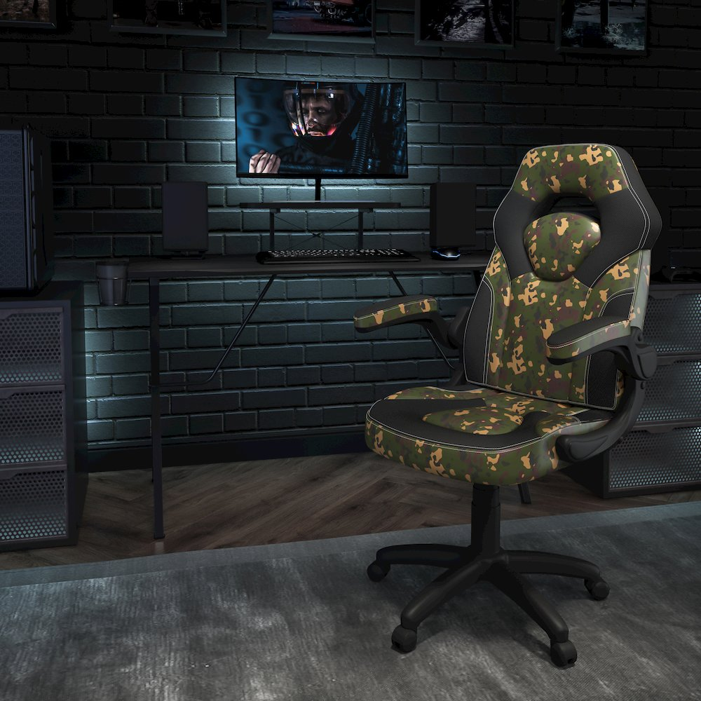 Start2Finish black gaming desk with camouflage and black racing chair set, featuring ergonomic design and sturdy build.