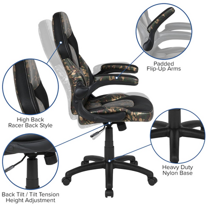 Black gaming desk with camouflage accents and a black racing chair from Start2Finish, ideal for gaming setups and e-sports.