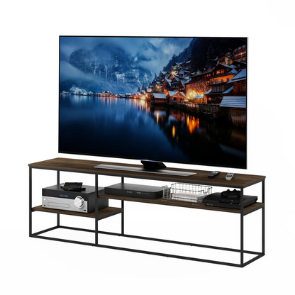 Modern Furinno Moretti TV stand by Start2Finish in Columbia Walnut, designed for TVs up to 78 inches, with sleek storage compartments.