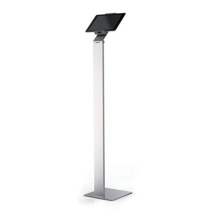 Silver and charcoal gray floor stand tablet holder by Start2Finish with adjustable support for electronic devices.