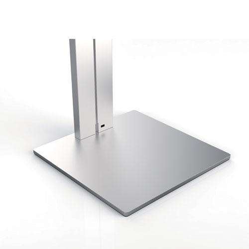 Silver and charcoal gray floor stand tablet holder by Start2Finish, displaying a sleek electronic accessory on a sturdy stand.
