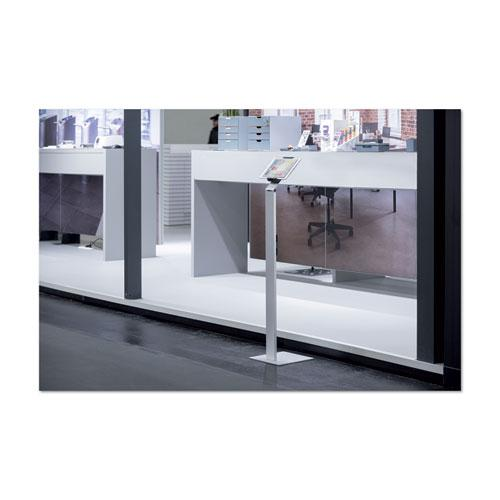 Start2Finish silver and charcoal gray floor stand tablet holder, adjustable electronic stand for tablets in a sleek design.