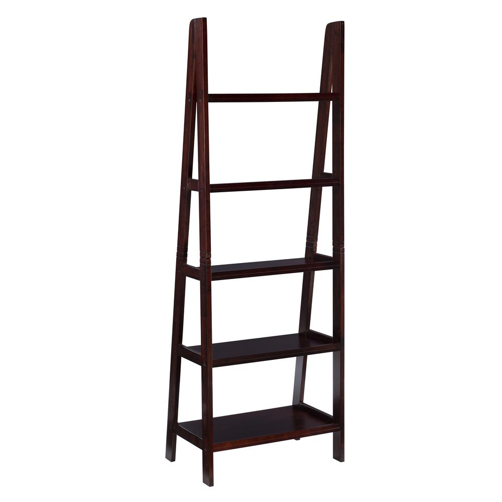 Start2Finish Acadia Ladder Bookshelf in Espresso with multiple shelves for books and decor, leaning design, modern wooden furniture.