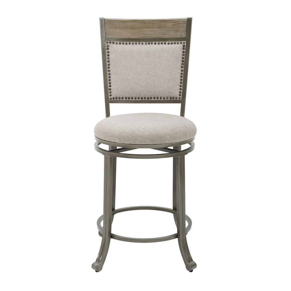 Start2Finish Franklin swivel counter stool in pewter with a padded seat and backrest, showcasing its modern design and sturdy base.