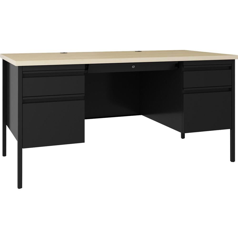 Lorell Fortress Series double-pedestal steel desk with black finish, 60-inch width, 1.1-inch top, file drawers, and square edge design.