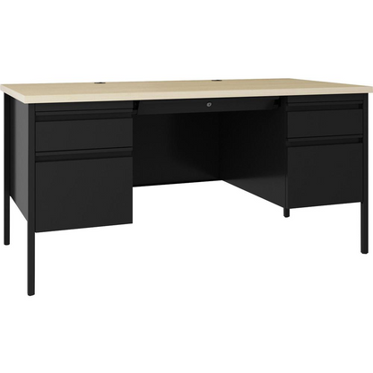 Lorell Fortress Series double-pedestal steel desk with black finish, 60-inch width, 1.1-inch top, file drawers, and square edge design.
