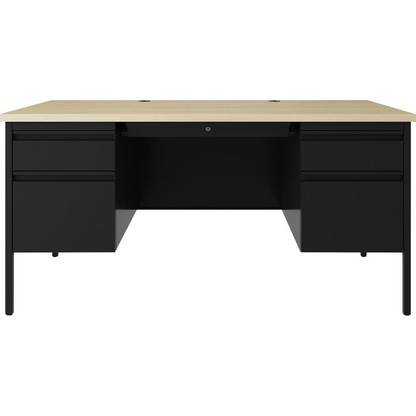 Lorell Fortress Series black steel double-pedestal desk with 60-inch top, file drawers, square edges, and modesty panel.
