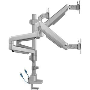 Gray Lorell monitor mounting arm supporting three displays, height adjustable, with 75x75 or 100x100 VESA mounts.