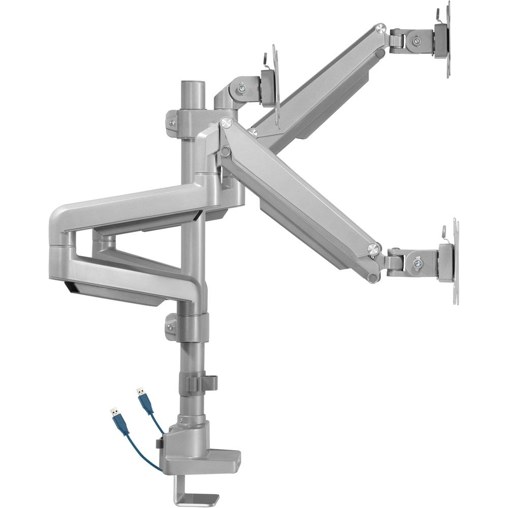 Gray Lorell monitor mounting arm supporting 3 displays, height adjustable, compatible with 75x75 and 100x100 VESA, 15.4 lb capacity